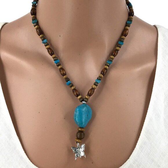 Boho Style Necklace Brown Blue Beaded Butterfly Charm 16 Inch Length - Picture 1 of 2